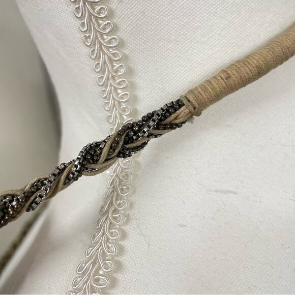 Braided Sliver Tone & Leather Long Necklace With Twist Boho - Picture 4 of 6